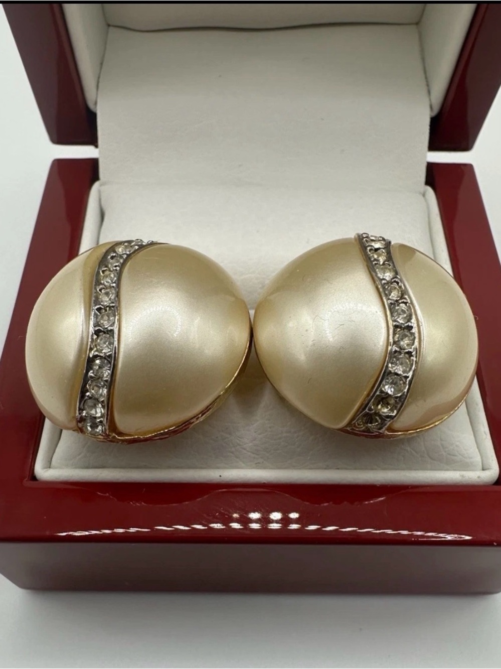 Kenneth Jay Lane Pearl Crystal Gold Clip Earrings KJL Vtg Round Button Wavy